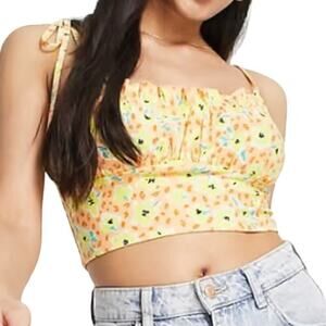 Wednesday's Girl Tie Strap Ruched Bust Cami Crop Top in Yellow, Size L​​​